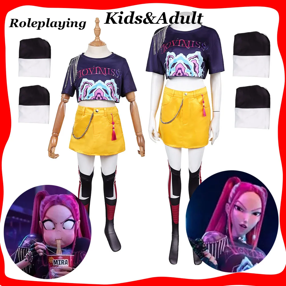 

Adult Kids Mira Demon Hunter Cosplay Roleplaying Costume Top Skirt Group Stage Set Children Women Halloween Carnival Party Suit