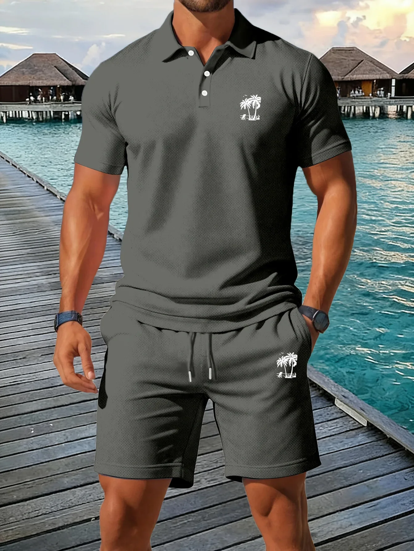 Summer New Men's Polo Shirt Set Casual Sporty Cool Fashionable Slim Fit Breathable Solid Color Short‑Sleeved Shorts Set Men's view 2