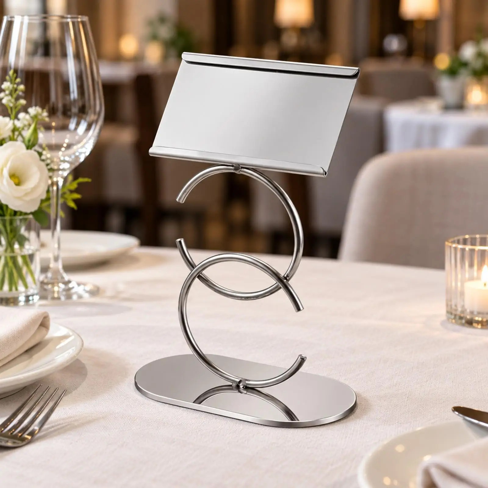 Stainless Steel Tabletop Sign Holder Silver Finish Freestanding Buffet Sign with Oval Base Versatile Rectangular Tabletop Notice