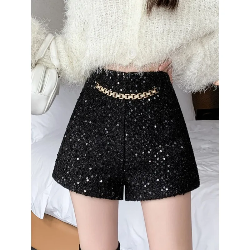 Elegant Loose Shorts for Women New Spring and Autumn Straight Leg with Sequins High Waisted Fashion Boots Pants