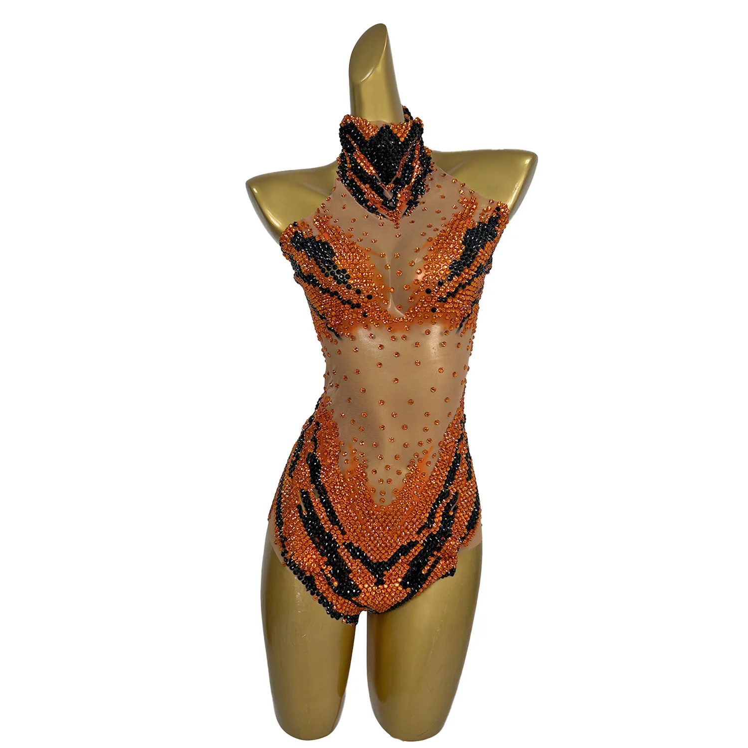 

Huniu Sparkling Golden Rhinestone Jumpsuit Sexy See Through Mesh Sleeveless Jumpsuit Bar Stage Costume Music Festival Prom Gowns