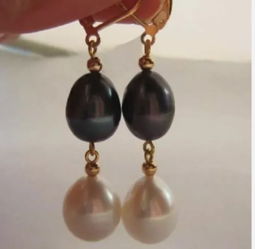 Charming 9X11 mm South Sea white black Pearl Earring 14K yellow gold hook