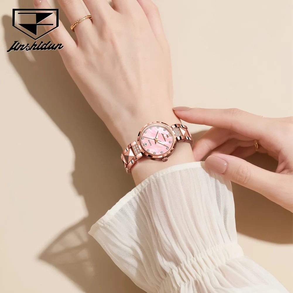 JSDUN 8988 ساعة نسائية فاخرة أنيقة سويسرية كوارتز حركة ساعة اليد مقاوم للماء التنغستن الصلب السيدات تاريخ طقم ساعات هدية صندوق