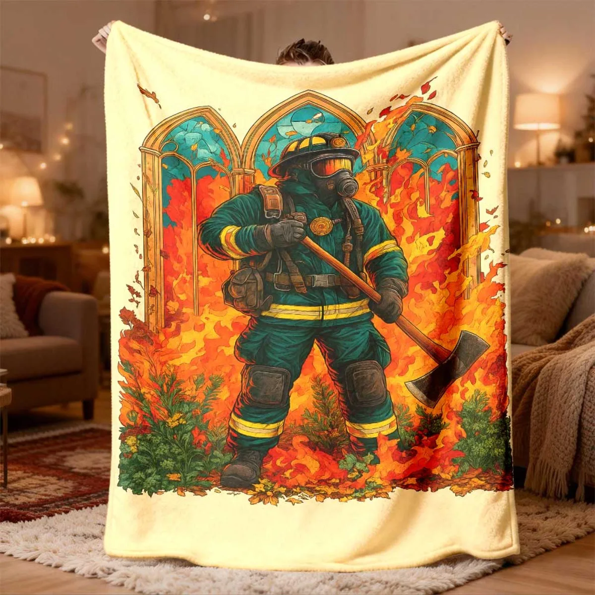 Pop Art Comic Book Style Giant Blanket Throw Fleece Throw Firefighter Illustration Cozy Plush Decorative Blanket for Bed and Sof