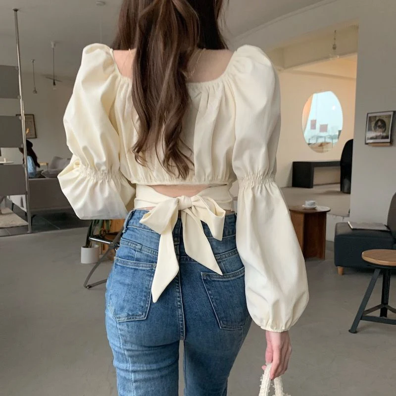 Elegant Blouses Women Sweet Puff Sleeve Bow Bandage Shirts Korean Streetwear Vintage Square Neck Lace Up Slim Casual Crop Tops