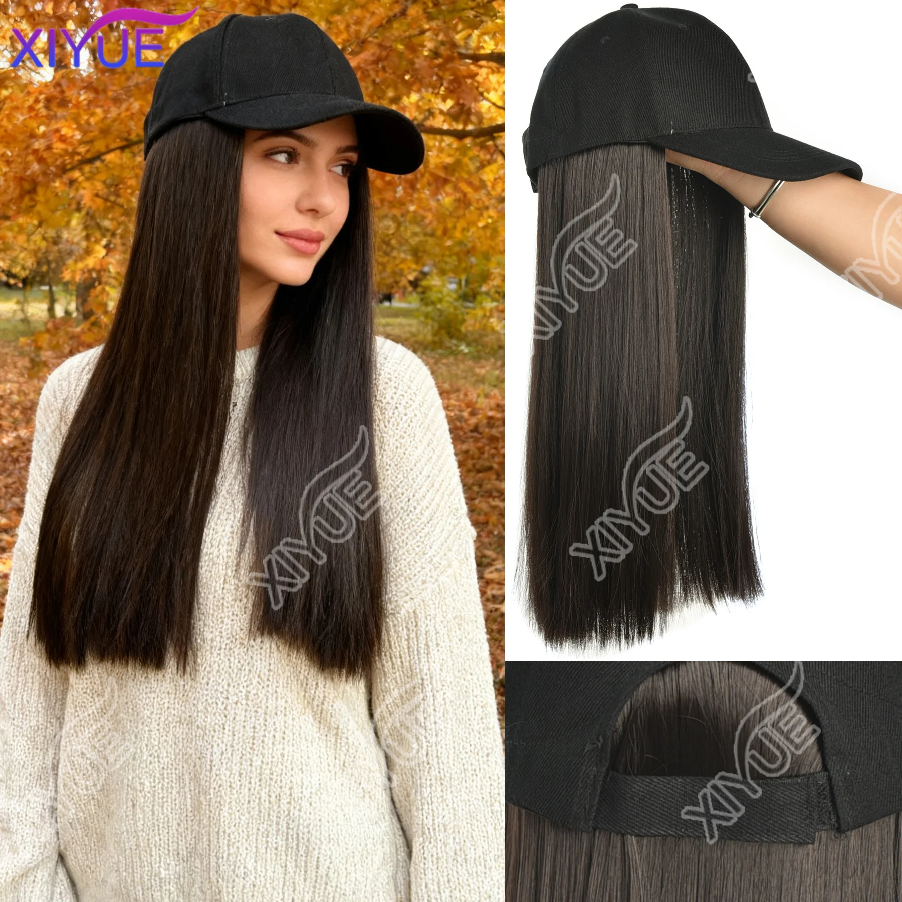 XY Synthetic Hat Wig with Long Straight Black Hair Baseball Cap Hair Extension Stylish & Convenient All-in-One Design for Women