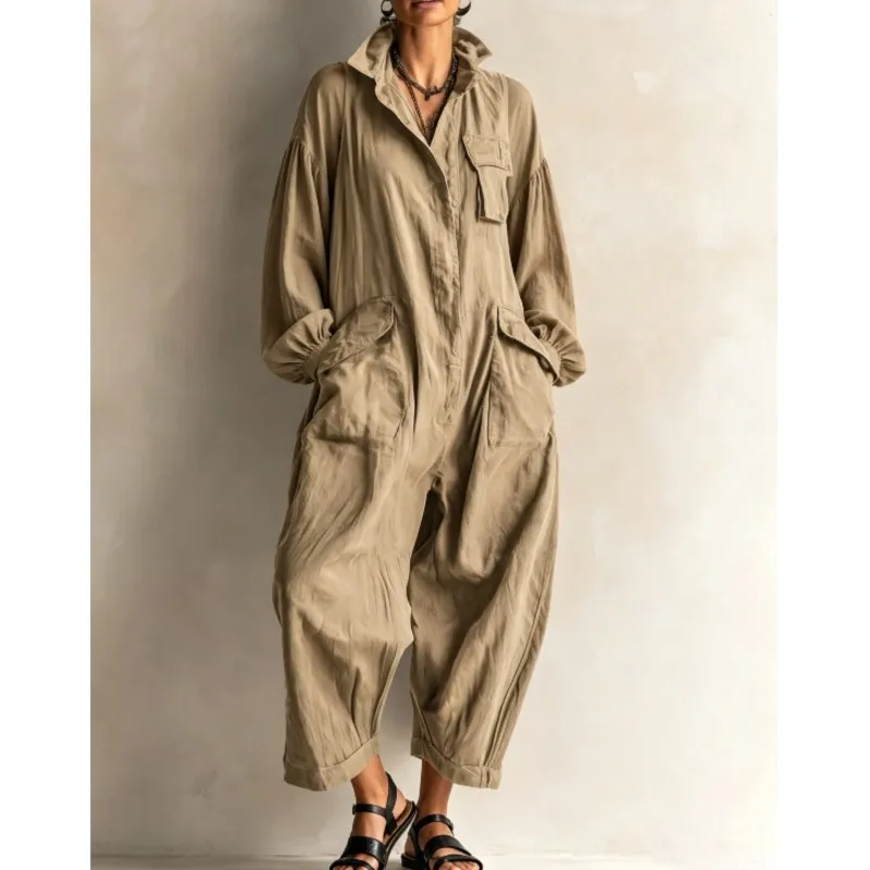 Retro Solid Women's Wide Leg Jumpsuit Spring Autumn Fashion Lapel Loose Work Pants With Pocket Ladies Simple Streetwear Romper