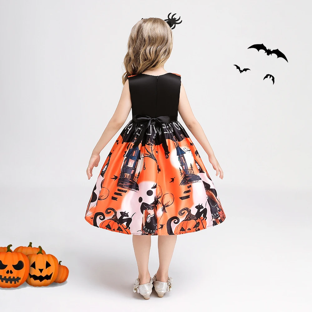 Halloween Orange Witch Printed Girls Costumes for Carnival Gothic Birthday Party Dresses Girl Ghost Pumpkin Cosplay Kids Clothes