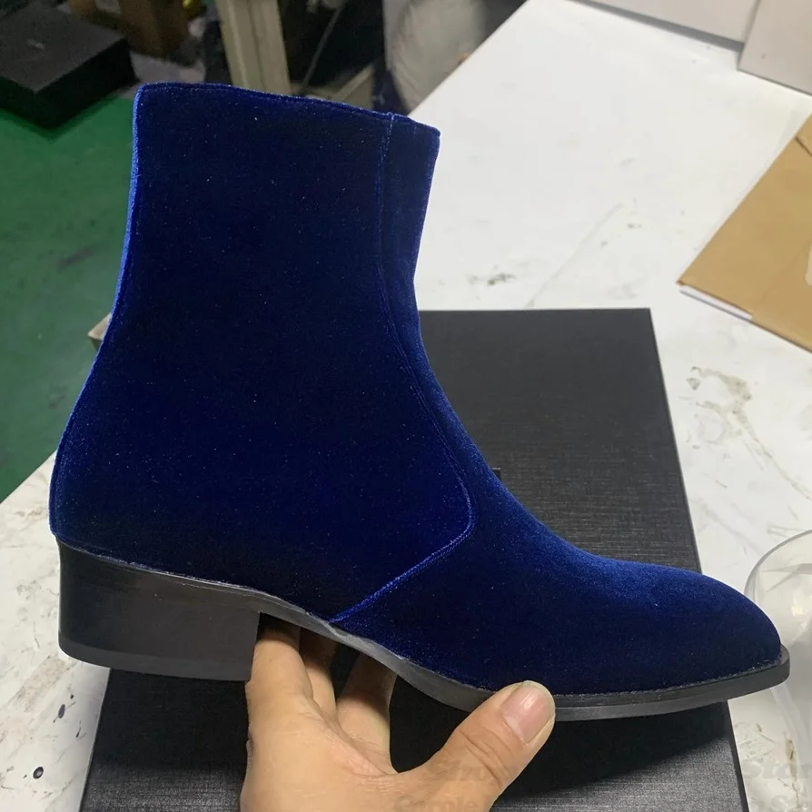 Chelsea Boots Men 2026 Winter New Blue Velvet Pointed Toe Genuine Leather High Heel Side Zipper Business Formal Ankle Boot