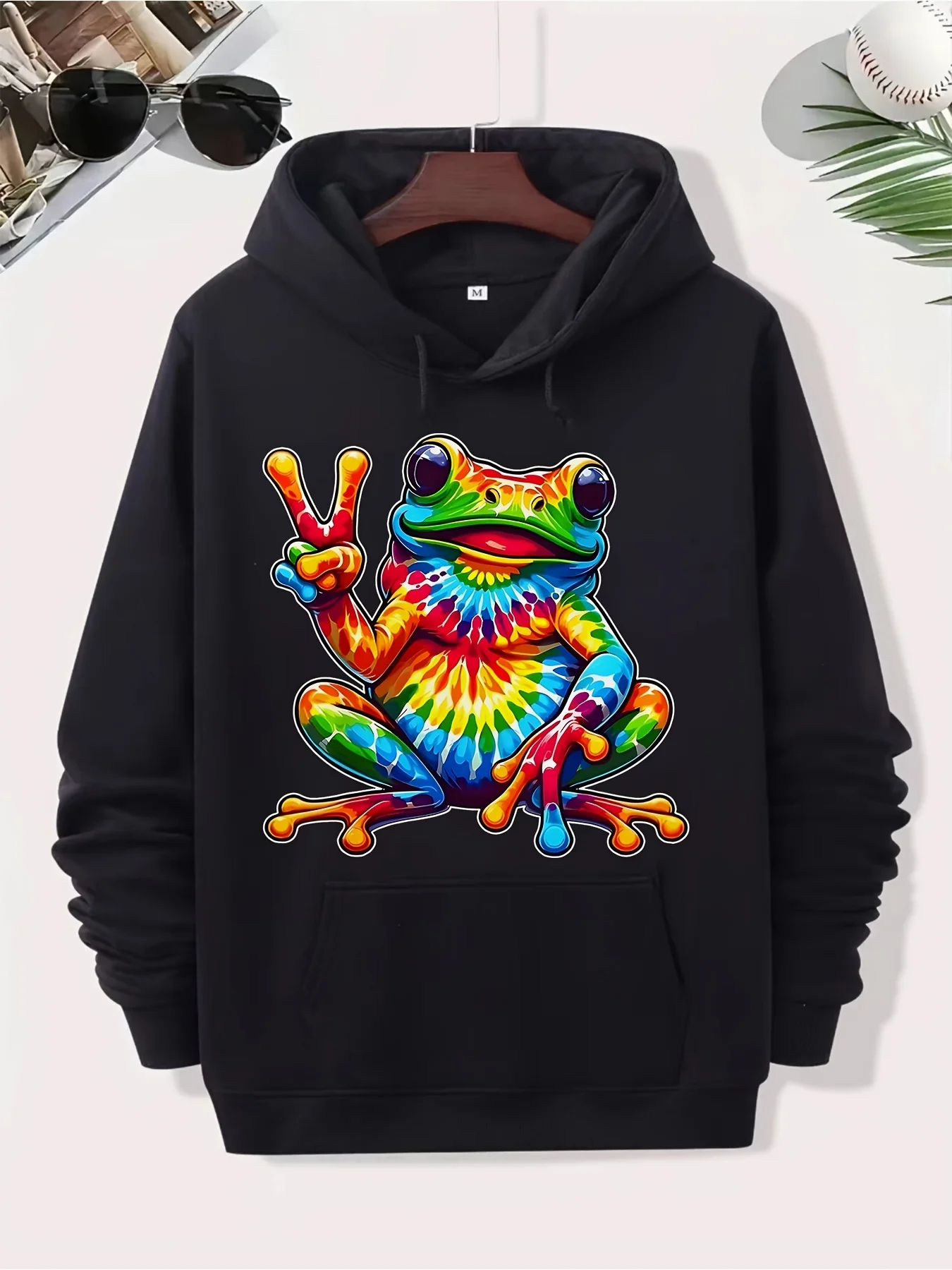 Men's Hippie Print Hoodie - Tie-Dye Frog Peace Logo Vintage 60/70's Street Style Pullover - Black with Green Orange Pink - Machine Wash Casual Sweater, Music Festival and Daily Wear, Tie-Dye Pattern, Soft Fabric, Suitable for Music Festival Crowds