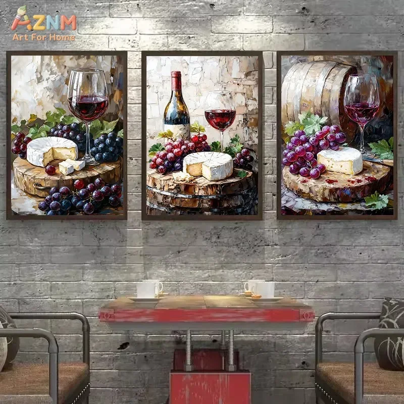 AZNM Wine Cheese Bread Still Life Canvas Wall Art, Vintage Oil Painting Style Grape Red Wine Olive Food Illustration Print, Fram