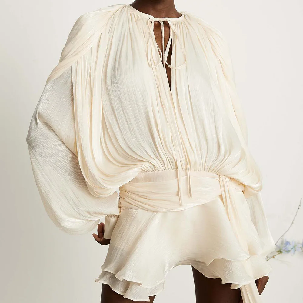 Spring Summer Hot Sale Puff Sleeve Dress Solid Color Long Sleeve Top And Shorts Two Piece Set Shiny Yarn Women's Matching Sets