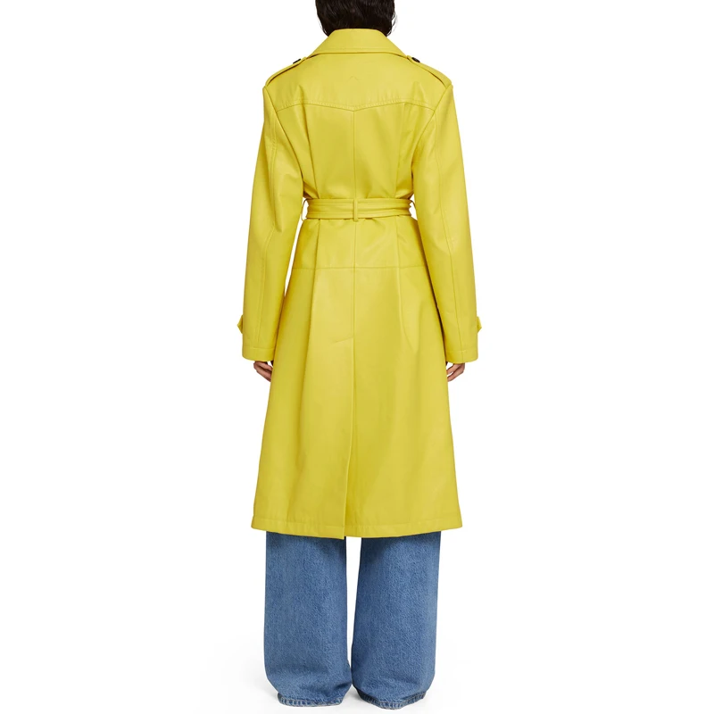 Trench-coat en peau de mouton pour femme, veste en cuir de carillon, double boutonnage, long, jaune, classique, hiver, mode