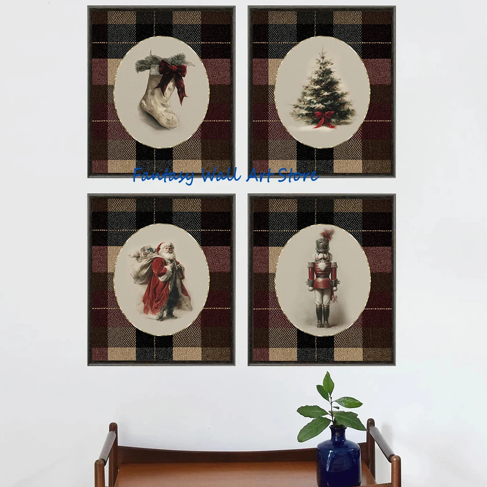 Vintage Santa Claus Christmas Stocking Nutcracker Pine Tree Poster Red Plaid Christmas Wall Decor Canvas Prints Winter Wall Art