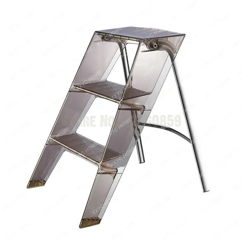 Japanese-style home designer ladder blue folding three-step ladder transparent acrylic herringbone portable storage small step s