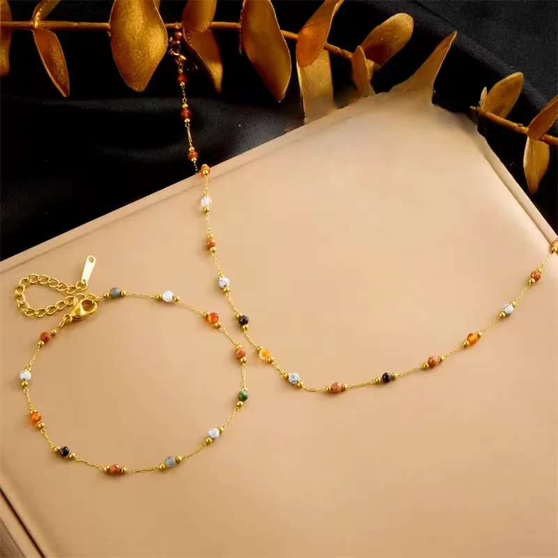 2pc Bohemian Multicolor Stone Necklace & Bracelet Set
