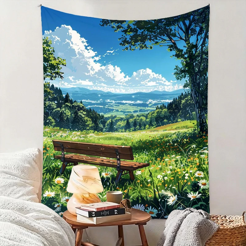 1PC Anime Meadow Bench Art Print Backdrop Banner, Bedroom Living Room Photo Background, Polyester, Home Decor, Wall Art