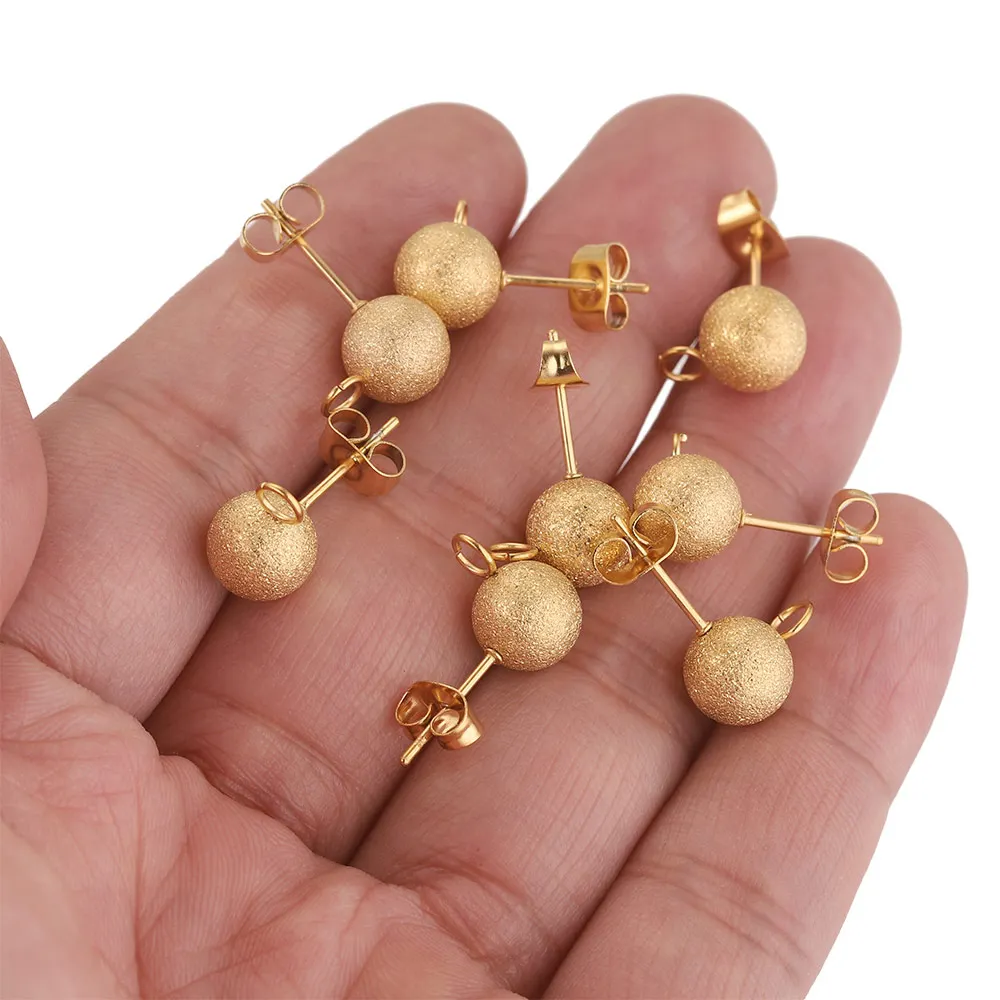 20pcs Frosted PVD Plated Gold Mute Ball Post Earring Studs Ear Pin with Loop with Butterfly Earring Back for DIY Jewelry Making