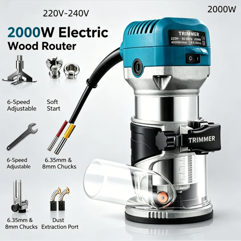 2000W Holzfräse, 6-Gang Softstart Elektrische Kantenfräse 30000 U/min, 6,35mm/8mm Spannzange Laminatfräse für Holzbearbeitung, Nutenfräsen und Gravieren