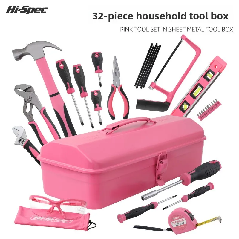 32-Piece Home Tool Kit with Pink Carrying Case, Hammer, Wrench, and Hand Tools for Household Repairs and DIY Projects