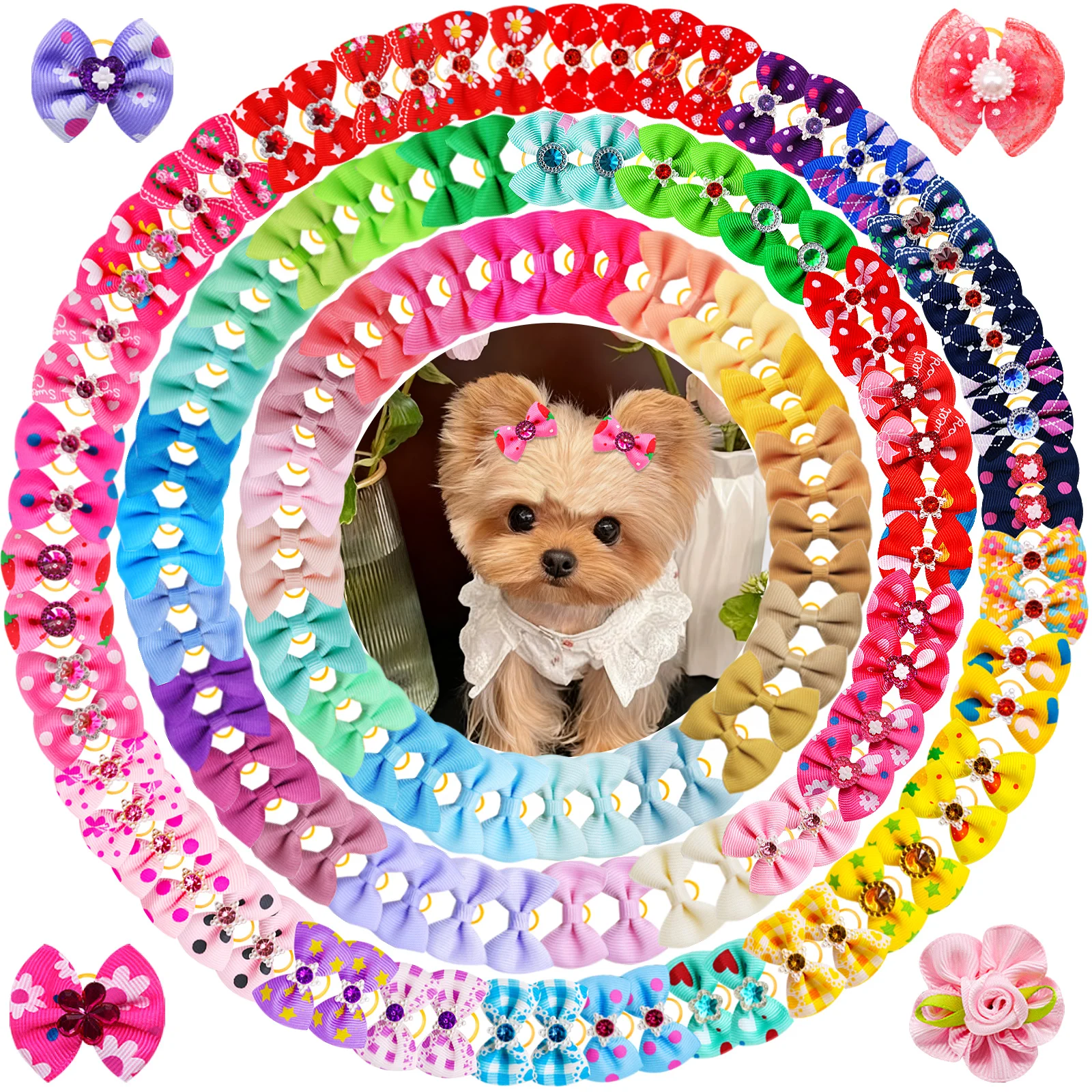 

200PCS Cute Dog Bows With Rubber Bands Handmade Solid Colors Multi-style Puppy Bows Diamonds Pet Grooming Accessories for Dogs