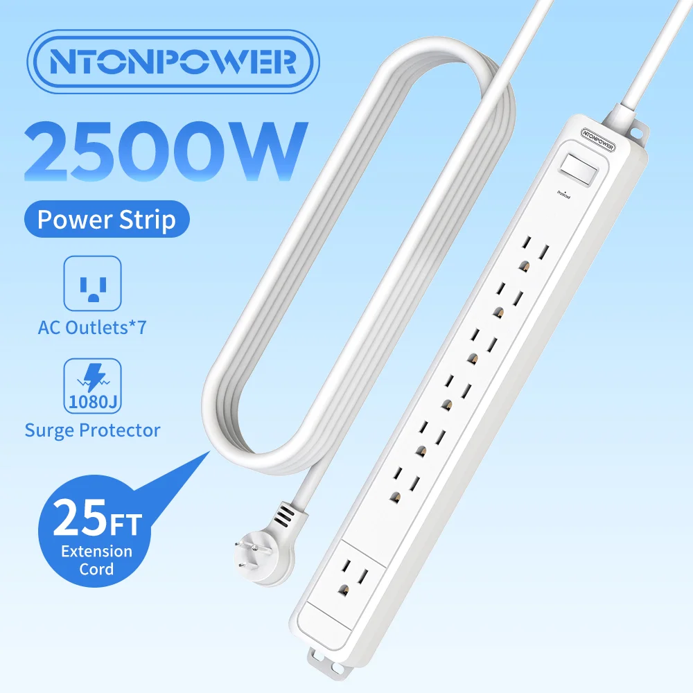 

US Plug Power Strip 7 AC Outlet 1080J Surge Protector 15 A 25 ft Extension Cord (1.5/3/4.6/7.6 Meter)Multiple Plugs Power strip