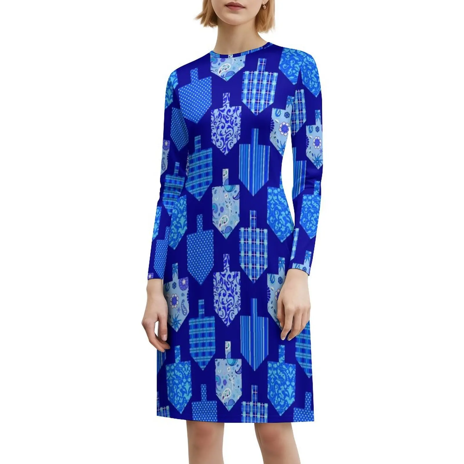 فستان Dreidels مزخرف باللون الأزرق البوهيمي بدون أكمام للنساء مطبوع فساتين حفلات الشاطئ Dreidel Hanukkah Chanukkah أنثى يهودية #6