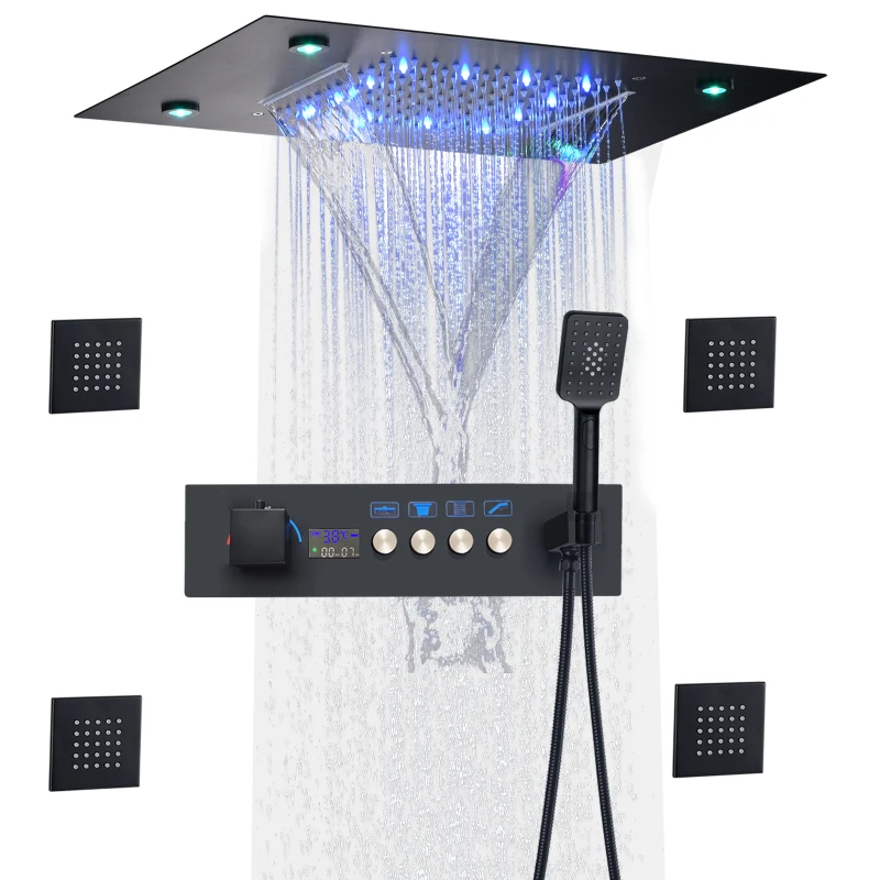 500*360MM Shower Faucet Set Constant Temperature Digital Display Shower LED Matte Black Bath Concealed Shower Mixers