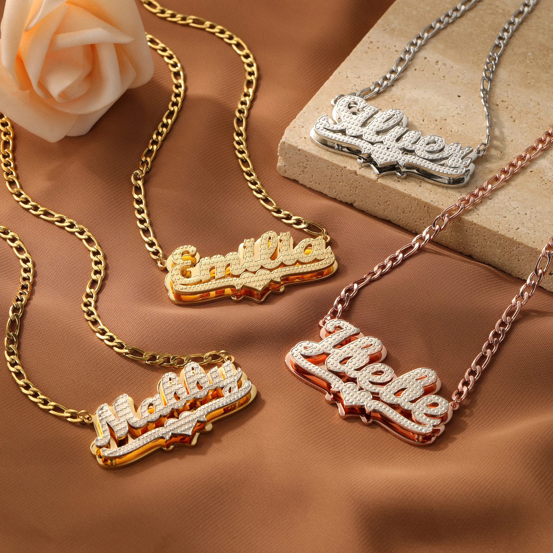 3D Custom Nameplate Necklace 18K Gold Plated Double Layer Two Tone Personalized Name Necklaces With Heart Figaro Chain For Women