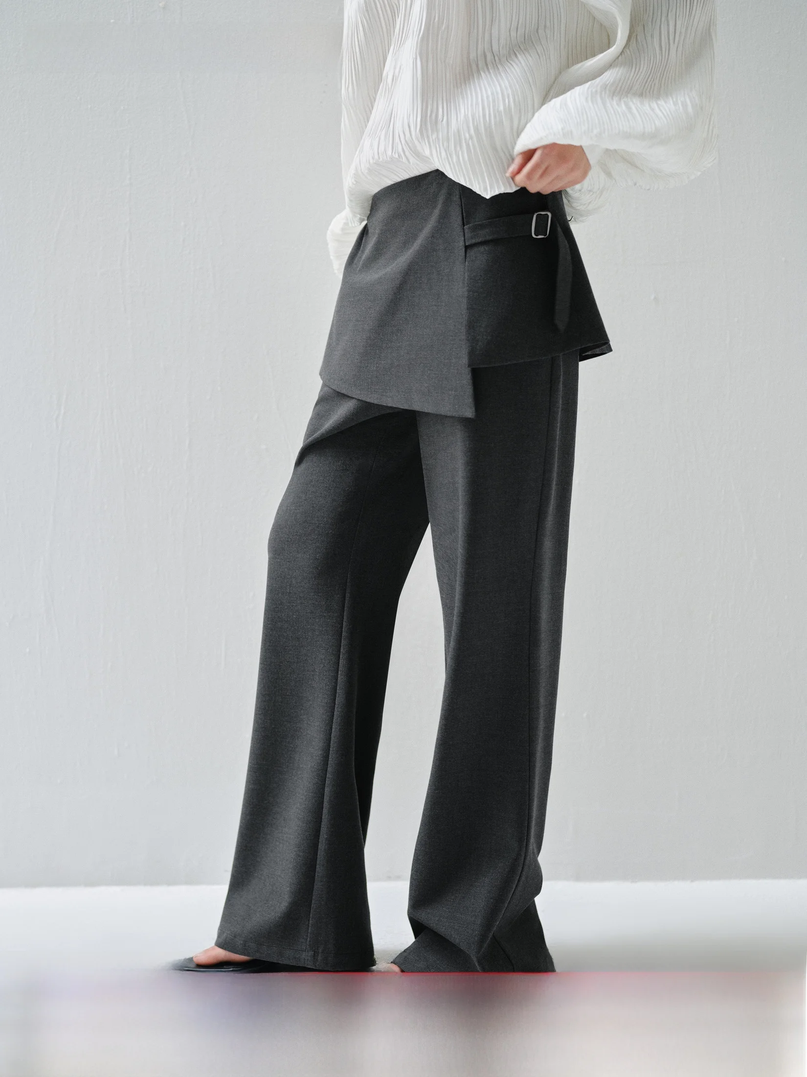

Immune System Casual Loose Wide Leg Pants Deep Grey Pleated Fake Two-Piece Drapey Pants Straight Cut Natural Waist Polyester ...