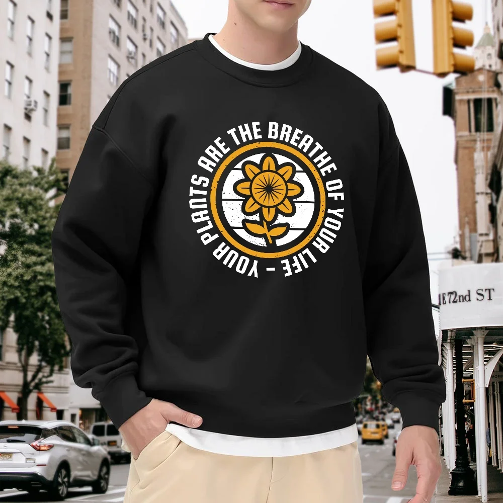 

Men's Black Crew Neck Sweatshirt with Floral Letter Print, Loose Fit Top, Street Casual Trendy Style, Versatile and Comfortable for Everyday Wear and Sports