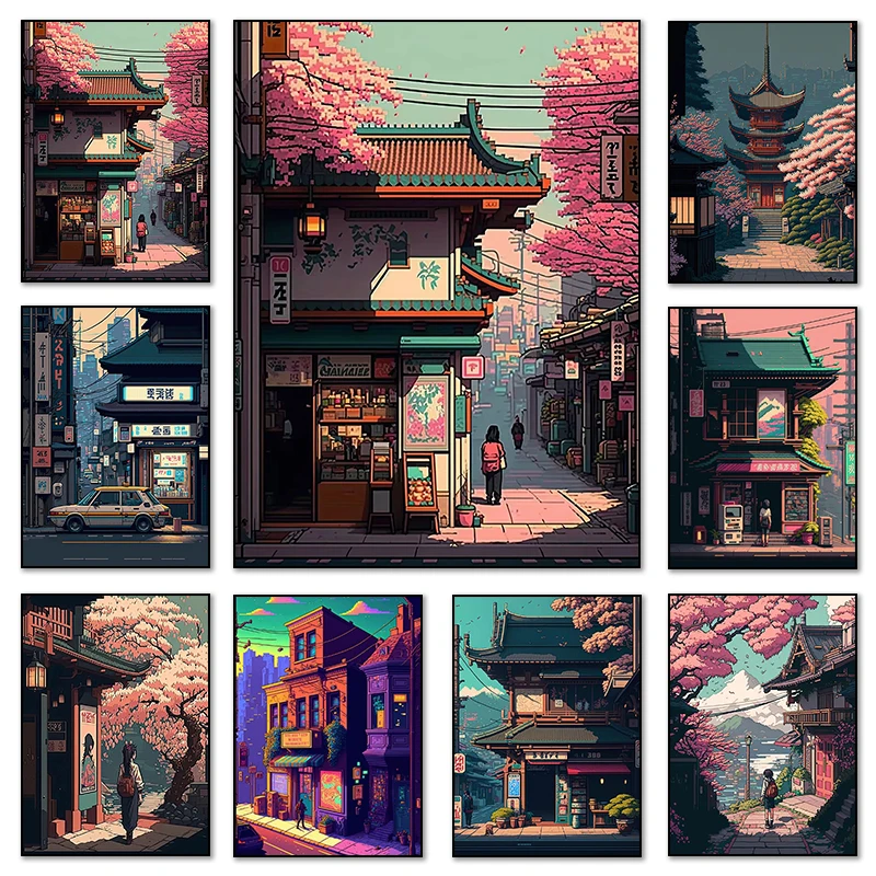 

Comics Poster Prints Japan Pixel Building View Street Landscape Wall Art Diamond Painting for Living Room Home Decor Picture