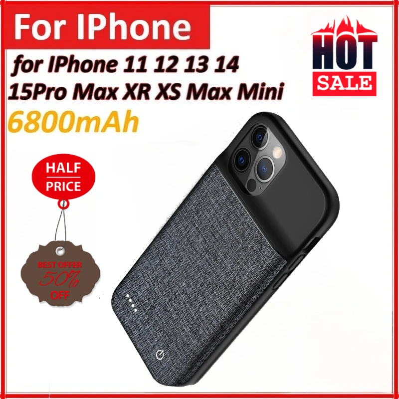 

New 6800mAh Battery Charger Cases for IPhone 11 12 13 14 15Pro Max XR XS Max Mini Portable Charging Cover Back Clip Power Bank