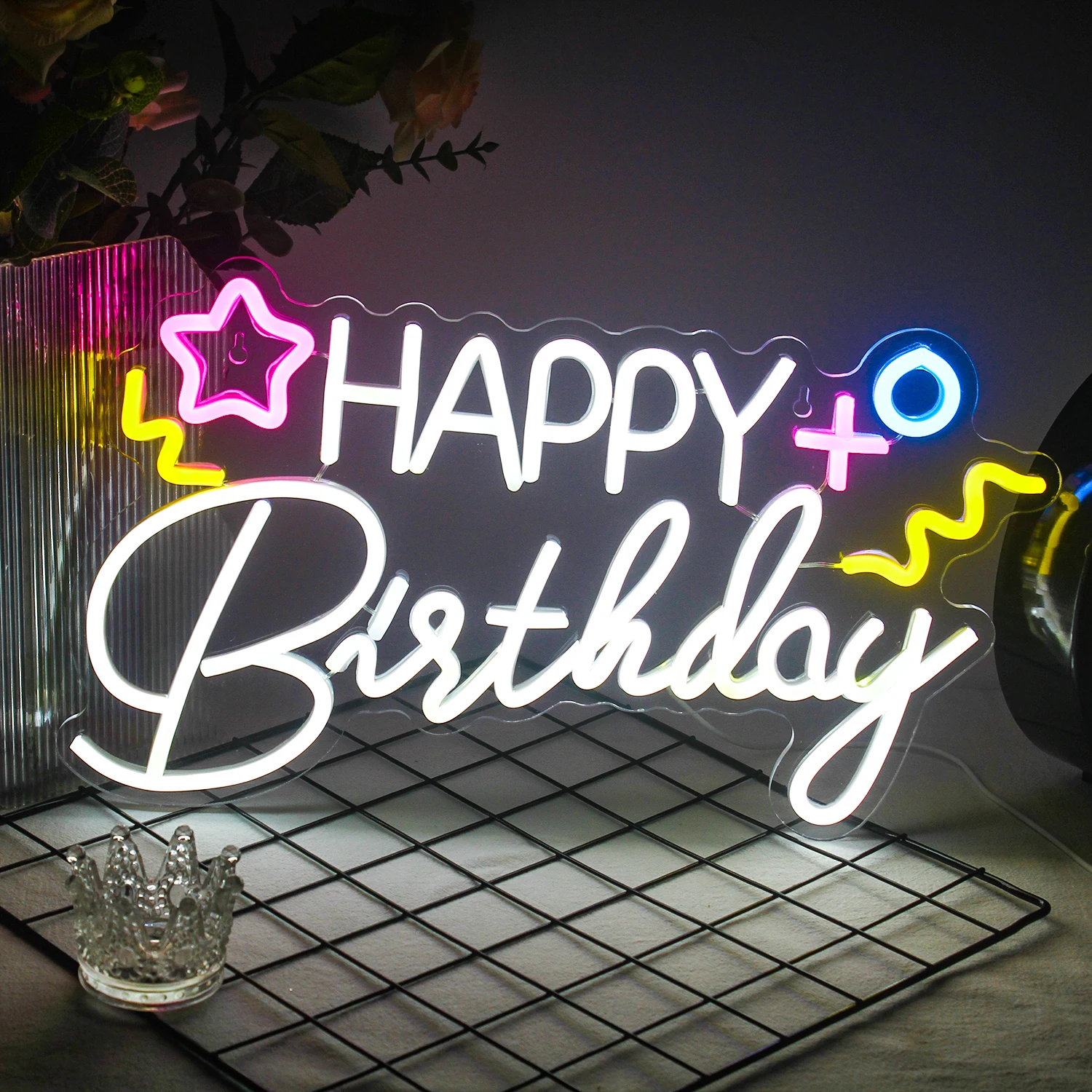 Feliz Aniversário Neon LED Sign Lights, Lâmpada de parede USB, Art Letter Signs, Logo Hanging, Decoração do quarto para festa de aniversário anual, Presentes