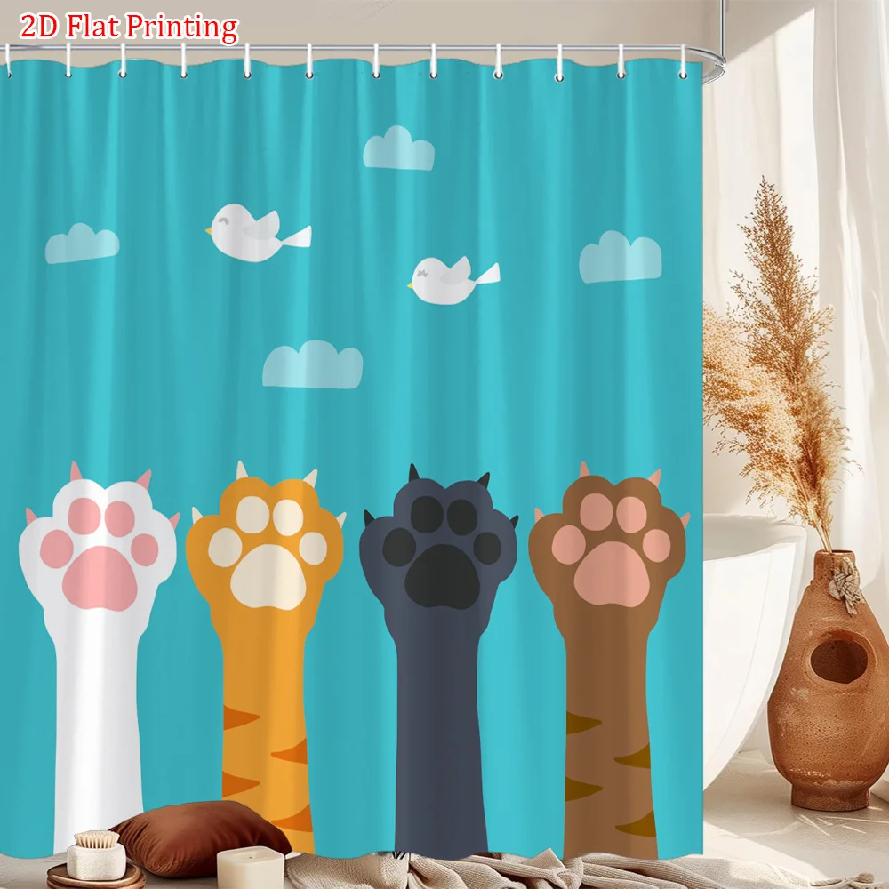 Blue Shower Curtain Hooks 2D Flat Print Cat Paws Four Colors White Birds Clouds Beige Background Polyester Washable