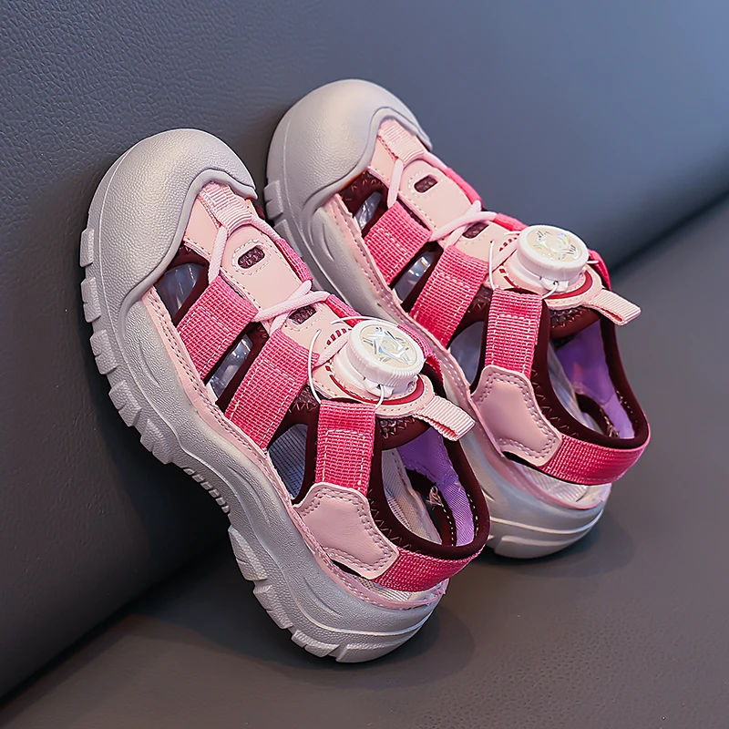 Trendy Pink Girls Sport Sandals Kids Casual Sneaker Comfort Rotating Button Sandals for Summer Beach, Hiking Outdoor Girls Shoes