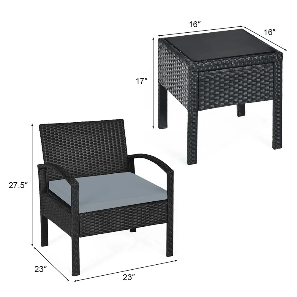 3-teiliges Terrassen-Rattan-Möbel-Set, Couchtisch, Konversationssofa, gepolstert, grau, Gartensofas