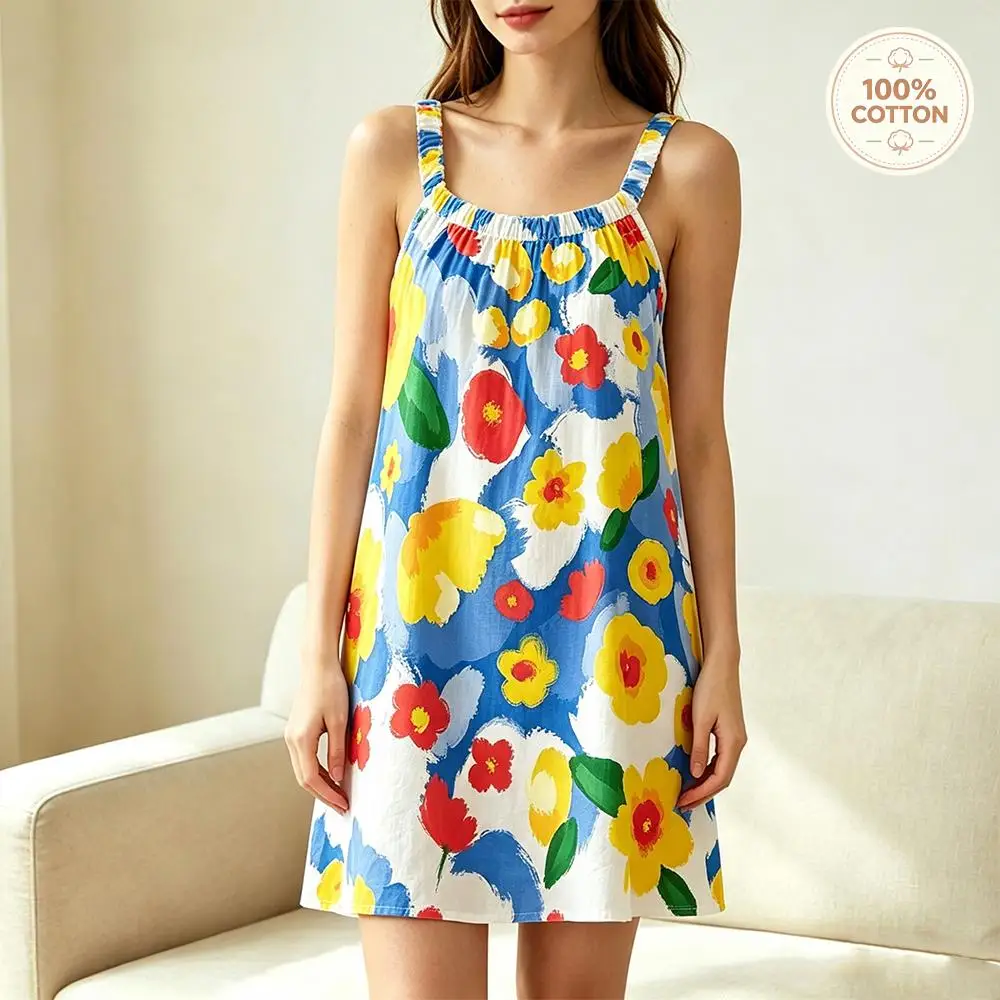 Women 100% Cotton Sleeveless Slip Nightgown Summer Colorful Floral Print Loose Sleep Dress Ladies Casual Loungewear Nightdress