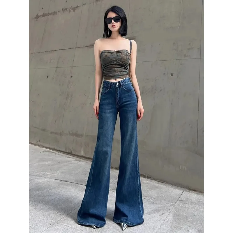 

Women's Dark Blue High-Waisted Flared Jeans Slim-Fit Bell-Bottom Denim Pants