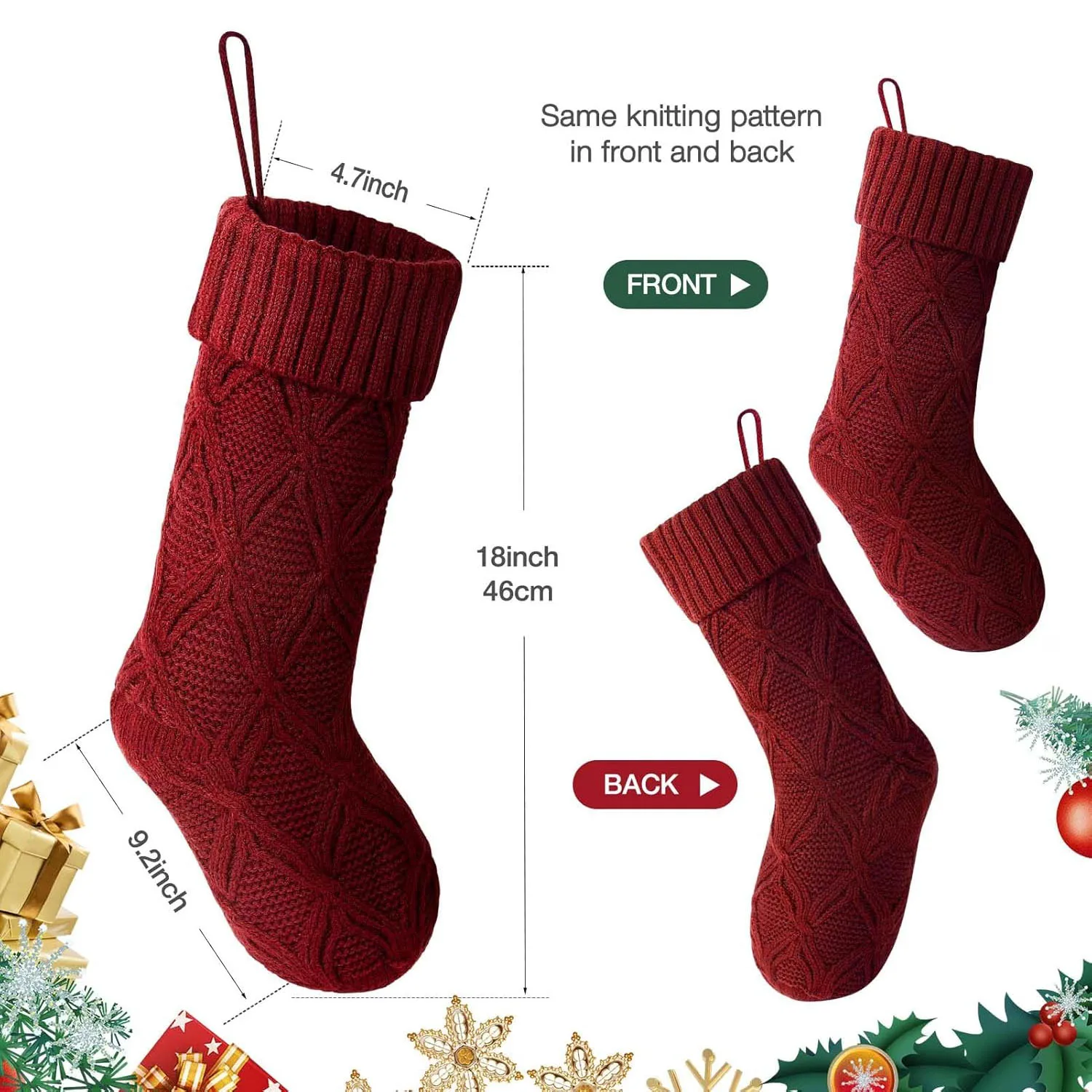 Christmas Stockings 18inch Personalized Knitted Hanging Stocking with Wood Name Tags for Family Holiday Xmas Decoration