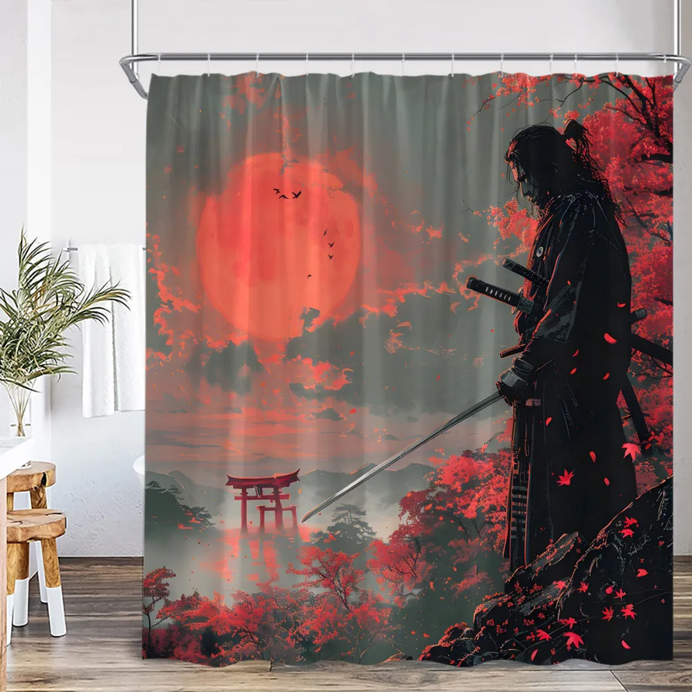 Japanese Warrior Samurai Shower Curtain Japan Shrine Red Full Moon Cherry Blossom Bathtub Decor Polyester Bath Curtain with Hook