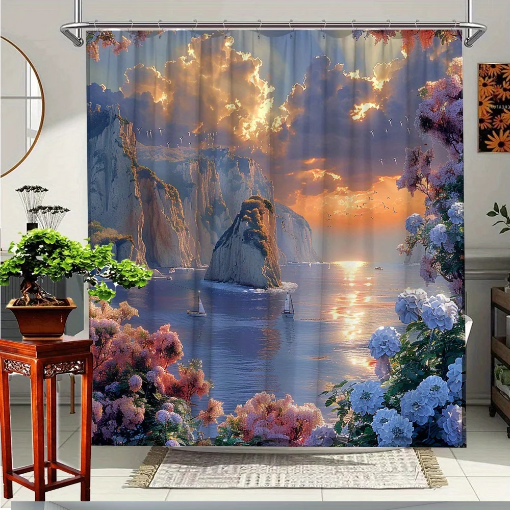 

1pc Coastal Bathroom Shower Curtain-Ocean Cliff Sea View, Floral Border-Large Bathroom Decorative Curtain 180x180cm