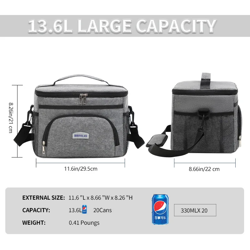 Большая вместительная сумка для обеда на плечо объемом 25 л для мужчин, изолированная сумка-холодильник с застежкой-молнией, термосумка для переноски еды, сохраняющая холод и тепло, ланч-бокс