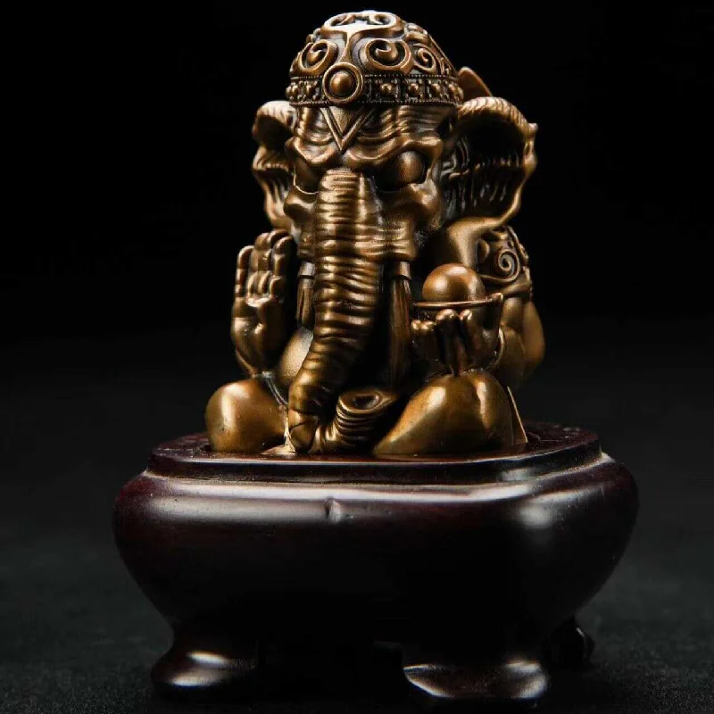 Bronze Elephant Head Decoration, Paperback Tea Pet, Solid Wood Base