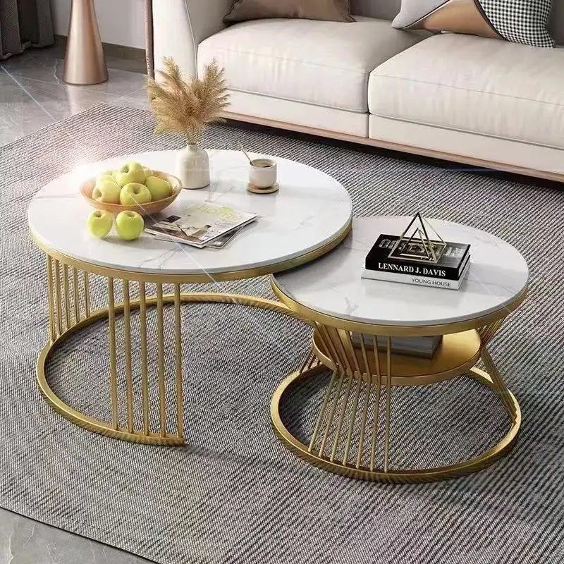 Modern Nordic Luxury Marble Tabletop Coffee Table Set Simple White Metallic Stone Gold Nested for Living Room Center Home Decor