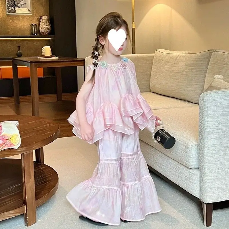 

Flower Top Flared Pants Set Summer New Thin Fashionable Casual Loose Sweet Temperament Flower Vest Bell Bottom Pants 2 Piece Set