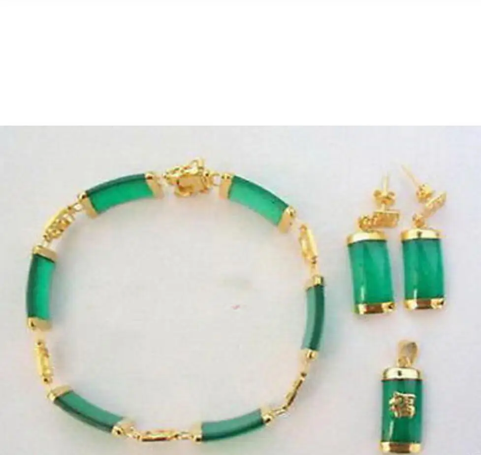 

hot sell new - Green Jade 18KGP Fortune Pendant Necklace Bracelet Earrings Set18K gold plated watch wholesale Qua