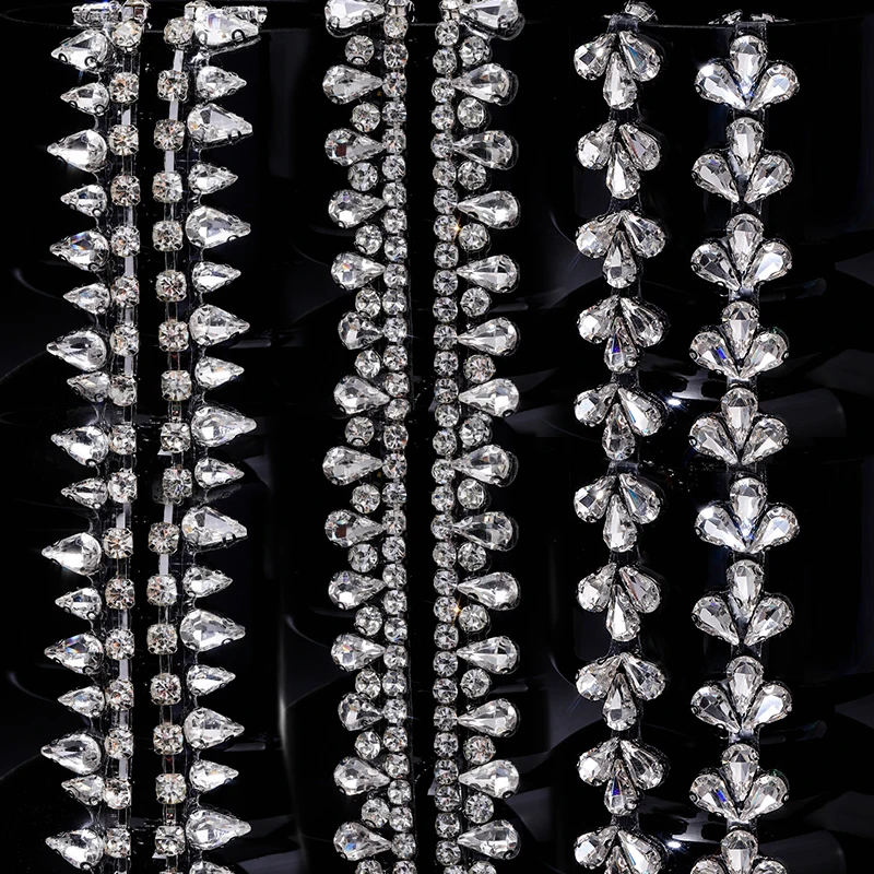 1Yard Crystal Rhinestone Border Hot Melt Diamond Strip Shiny Satin Ribbon Crystal DIY Clothes Skirts Decorative Accessories