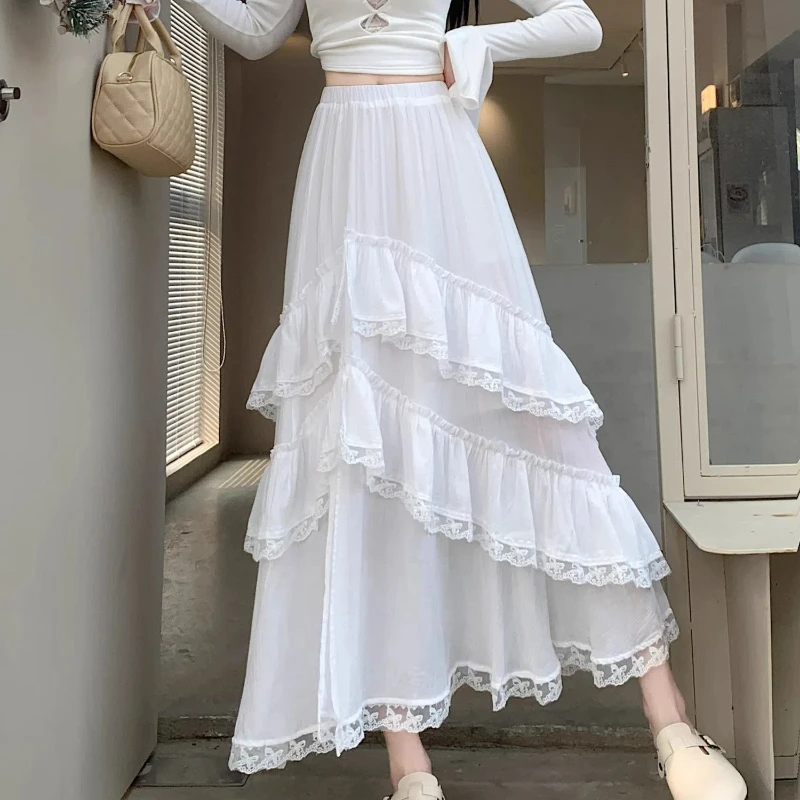 Sweet Young Style Summer New Skirts Women Solid Elastic High Waist Lace Patchwork Fashion All-match Mid-length A-line Cake Skirt