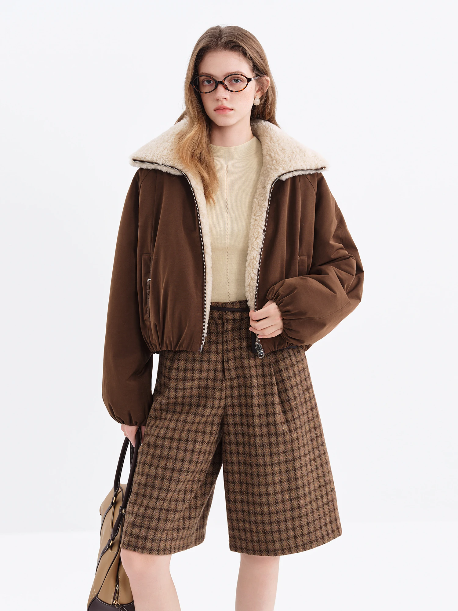 FSLE Cropped Fur Coats Women Turn Down Collar New Korean Style Loose Fit Reversible Fur Top Streetwear Chic Simple Stylish